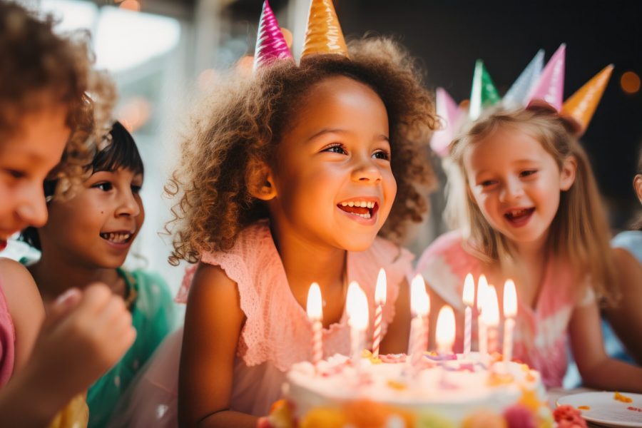A young girl blowing out candles on a cake surrounded by her fri A young girl blowing out candles on a cake surrounded by her friends.